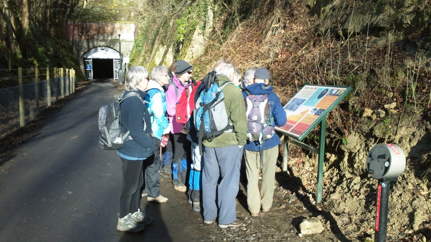 Group study the information board at the exit from the 2nd (and longer) tunnel at the Tucking Mill Viaduct.