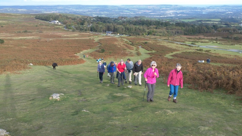 Whole group ascending the hill up to the Haytor Rocks - Moorlands House is in the background.